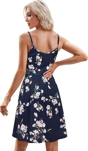 STYLEWORD Womens' 2024 V Neck Floral/Solid Spaghetti Strap Summer Casual Swing Sundress with Pocket in Kuwait