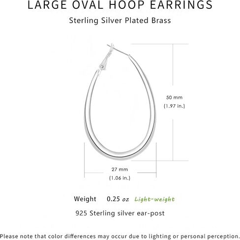 Lightweight Oval Hoop Earrings for Women, Hypoallergenic and Statement, 925 Sterling Silver Plated, Gift by Febsky in Saudi Arabia