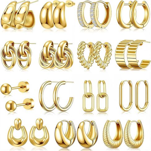 Nosiny 15 Pairs Gold Silver Hoop Earrings Set Women Thick Hoop Earrings Chunky Plated Jewelry Mom Birthday Gifts in Saudi Arabia