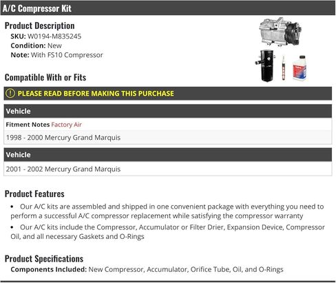 A/C Compressor Kit with Accumulator, Expansion Device, Compressor Oil, Gaskets and O-Rings - Compatible with 1998-2002 Mercury Grand Marquis in Saudi Arabia