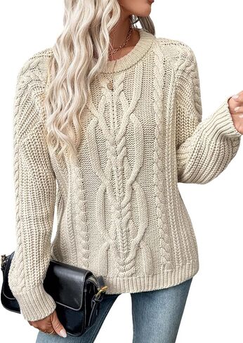 EVALESS Womens Sweaters Casual Crewneck Long Sleeve Cable Knit Chunky Lightweight Oversized Sweater Pullover Outfits in Saudi Arabia