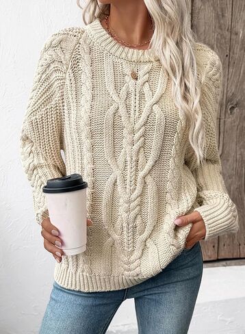 EVALESS Womens Sweaters Casual Crewneck Long Sleeve Cable Knit Chunky Lightweight Oversized Sweater Pullover Outfits in Saudi Arabia