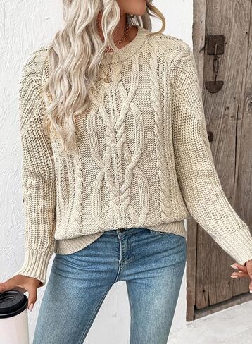 EVALESS Womens Sweaters Casual Crewneck Long Sleeve Cable Knit Chunky Lightweight Oversized Sweater Pullover Outfits in Saudi Arabia