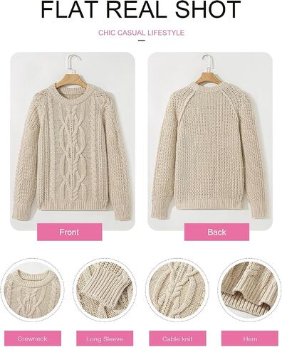 EVALESS Womens Sweaters Casual Crewneck Long Sleeve Cable Knit Chunky Lightweight Oversized Sweater Pullover Outfits in Saudi Arabia