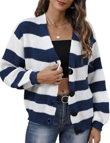 Kinghua Striped Cardigans for Women Fall Winter Casual V Neck Button Down Sweater Jackets Knit Cardigan Tops in Kuwait