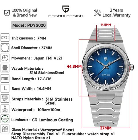 Pagani Design Watches for Men, Ultra-Thin Men Dress Watch, 37mm Sapphire Crystal, 316L Stainless Steel, 100m Water Resistant, Gold in Saudi Arabia