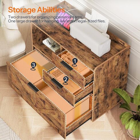 HOOBRO Lateral File Cabinet, Wooden Office Cabinet Drawers with Charging Station, Filing Cabinet for Home Office, A4/Letter/Legal-Sized Files, Printer Stand with Open Storage Spaces, White WT37UWJ01 in Kuwait