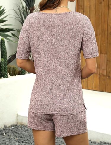 Womens Pajama Sets V Neck Ribbed Knit Lounge Sets Sleepwear Short Sleeve Matching Pjs Two Piece Sets for Summer in Saudi Arabia
