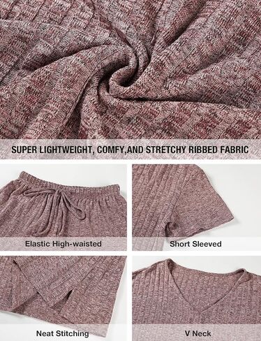 Womens Pajama Sets V Neck Ribbed Knit Lounge Sets Sleepwear Short Sleeve Matching Pjs Two Piece Sets for Summer in Saudi Arabia