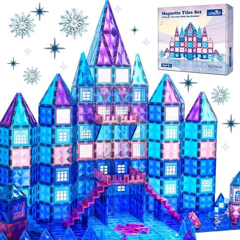 Little Pi 102pcs Frozen Princess Castle Magnetic Tiles Building Blocks - 3D Diamond Blocks, STEM Educational Toddler Toys for Pretend Play, 4 Year Old Girl Birthday Gifts Kids Ages 3 5 6 7 8 - Blue in Kuwait
