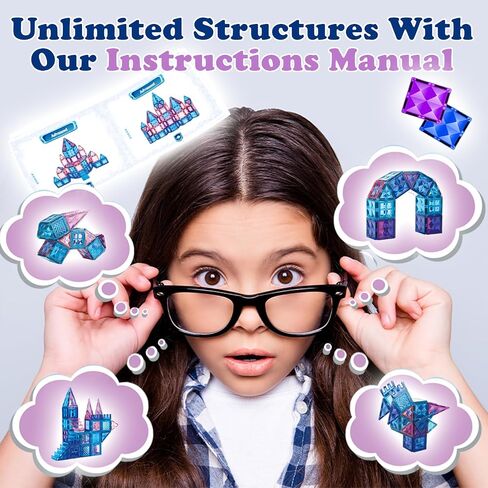Little Pi 102pcs Frozen Princess Castle Magnetic Tiles Building Blocks - 3D Diamond Blocks, STEM Educational Toddler Toys for Pretend Play, 4 Year Old Girl Birthday Gifts Kids Ages 3 5 6 7 8 - Blue in Kuwait