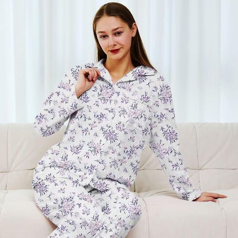 Pajamas for Women Set 2 Piece Cotton Womens Pjs Sets Long Sleeve Button Down Tops with Chest Pocket Soft Sleepwear in Saudi Arabia