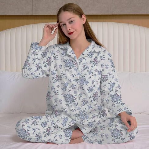 Pajamas for Women Set 2 Piece Cotton Womens Pjs Sets Long Sleeve Button Down Tops with Chest Pocket Soft Sleepwear in Saudi Arabia
