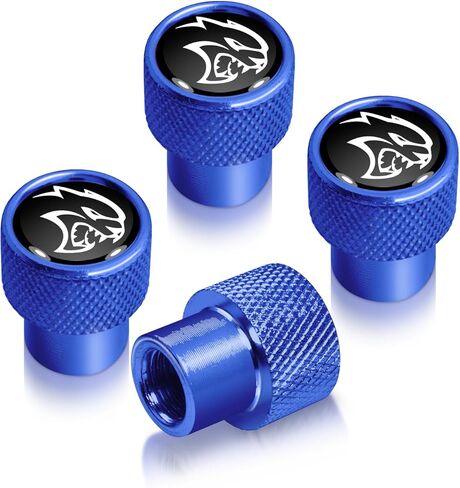 for Dodge SRT Hellcat in Black on Blue Premium Anodized Aluminum Tire Valve Stem Caps - Set of 4 in Saudi Arabia