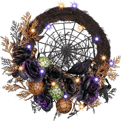 Valery Madelyn Halloween Wreath for Front Door with Lights, 18 Inch Pre-Lit Roses Crow Spider Webs Ball Ornaments Wreath Halloween Decorations for Home Table Centerpiece Window Indoor Party Wall Decor in Saudi Arabia