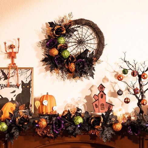 Valery Madelyn Halloween Wreath for Front Door with Lights, 18 Inch Pre-Lit Roses Crow Spider Webs Ball Ornaments Wreath Halloween Decorations for Home Table Centerpiece Window Indoor Party Wall Decor in Saudi Arabia