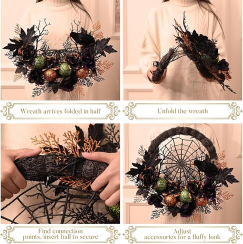 Valery Madelyn Halloween Wreath for Front Door with Lights, 18 Inch Pre-Lit Roses Crow Spider Webs Ball Ornaments Wreath Halloween Decorations for Home Table Centerpiece Window Indoor Party Wall Decor in Saudi Arabia