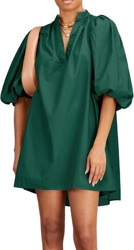 Women Babydoll Mini Dress Summer Casual Cotton V Neck Puff Lantern Sleeve Loose A Line Cute Dress in Saudi Arabia