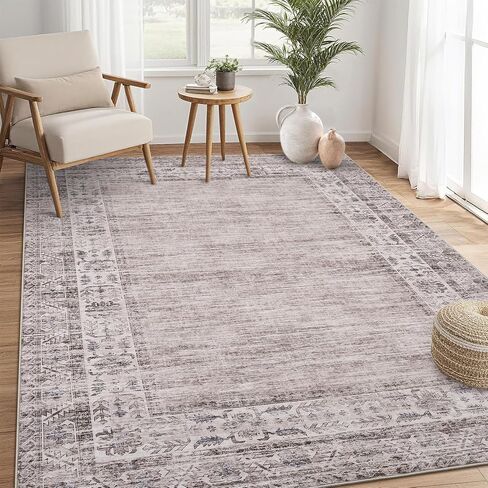 GarveeHome 5x7 Washable Area Rug for Living Room Vintage Border Rug Stain Resistant Dining Room Boho Throw Carpet with Rubber Backing Bordered Rug for Bedroom Kitchen Home Decor, Brown in Saudi Arabia