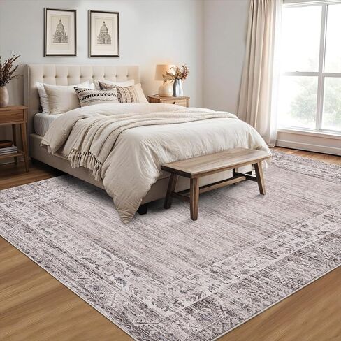 GarveeHome 5x7 Washable Area Rug for Living Room Vintage Border Rug Stain Resistant Dining Room Boho Throw Carpet with Rubber Backing Bordered Rug for Bedroom Kitchen Home Decor, Brown in Saudi Arabia