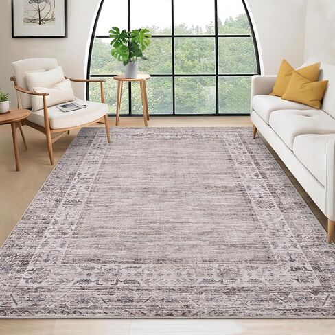GarveeHome 5x7 Washable Area Rug for Living Room Vintage Border Rug Stain Resistant Dining Room Boho Throw Carpet with Rubber Backing Bordered Rug for Bedroom Kitchen Home Decor, Brown in Saudi Arabia