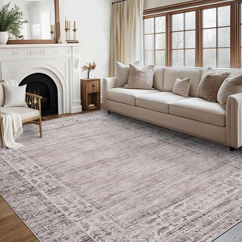GarveeHome 5x7 Washable Area Rug for Living Room Vintage Border Rug Stain Resistant Dining Room Boho Throw Carpet with Rubber Backing Bordered Rug for Bedroom Kitchen Home Decor, Brown in Saudi Arabia