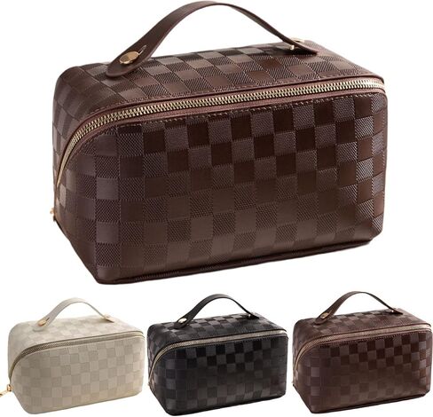 Large Capacity Brown Checkered Makeup Bags Portable Travel Cosmetic Bags Open-Flat Toiletry Bag for Women Girls Make Up Organizer with Divider Pouch Zipper Bag (white-checkered) in Saudi Arabia