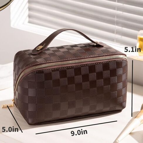 Large Capacity Brown Checkered Makeup Bags Portable Travel Cosmetic Bags Open-Flat Toiletry Bag for Women Girls Make Up Organizer with Divider Pouch Zipper Bag (white-checkered) in Saudi Arabia