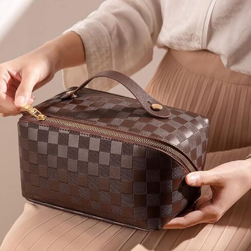 Large Capacity Brown Checkered Makeup Bags Portable Travel Cosmetic Bags Open-Flat Toiletry Bag for Women Girls Make Up Organizer with Divider Pouch Zipper Bag (white-checkered) in Saudi Arabia