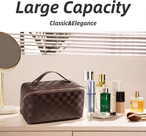 Large Capacity Brown Checkered Makeup Bags Portable Travel Cosmetic Bags Open-Flat Toiletry Bag for Women Girls Make Up Organizer with Divider Pouch Zipper Bag (white-checkered) in Saudi Arabia