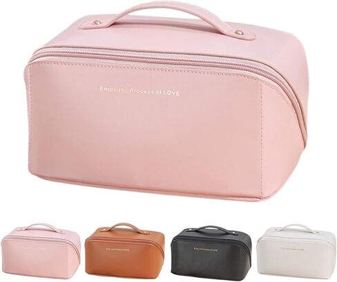 Large Capacity Brown Checkered Makeup Bags Portable Travel Cosmetic Bags Open-Flat Toiletry Bag for Women Girls Make Up Organizer with Divider Pouch Zipper Bag (white-checkered) in Saudi Arabia