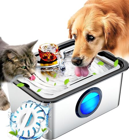 3Gal Dog Water Fountain SS304,Large Ultra-Purification Cat Drinking Dispenser with Visual Window,Widely Drinking Area,Deep Purification Filter,Triple Waterfall Structures,Low Water Indicator in Kuwait