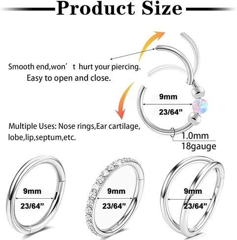 4PCS Nose Rings for Women 316L Surgical Steel Opal Nose Rings 18G Double Hoop Nose Rings Piercing Jewelry Cubic Zirconia Nose Ring, Septum Ring, Cartilage Earrings 18G Silver in Saudi Arabia