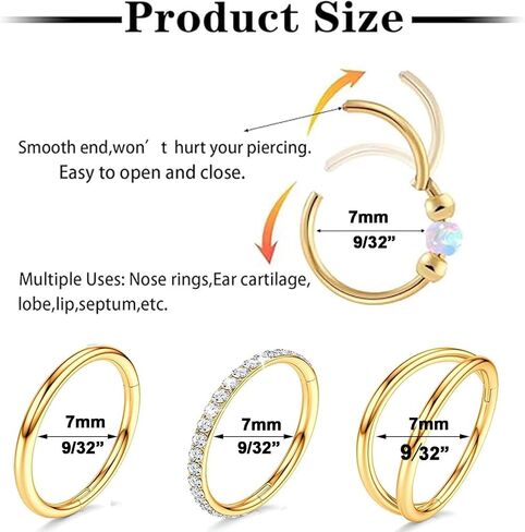 4PCS Nose Rings for Women 316L Surgical Steel Opal Nose Rings 18G Double Hoop Nose Rings Piercing Jewelry Cubic Zirconia Nose Ring, Septum Ring, Cartilage Earrings 18G Silver in Saudi Arabia