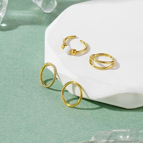 4PCS Nose Rings for Women 316L Surgical Steel Opal Nose Rings 18G Double Hoop Nose Rings Piercing Jewelry Cubic Zirconia Nose Ring, Septum Ring, Cartilage Earrings 18G Silver in Kuwait