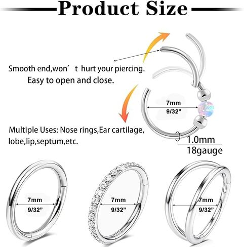 4PCS Nose Rings for Women 316L Surgical Steel Opal Nose Rings 18G Double Hoop Nose Rings Piercing Jewelry Cubic Zirconia Nose Ring, Septum Ring, Cartilage Earrings 18G Silver in Saudi Arabia