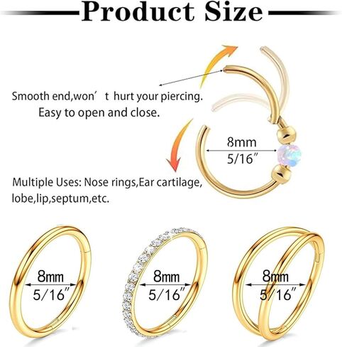 4PCS Nose Rings for Women 316L Surgical Steel Opal Nose Rings 18G Double Hoop Nose Rings Piercing Jewelry Cubic Zirconia Nose Ring, Septum Ring, Cartilage Earrings 18G Silver in Kuwait