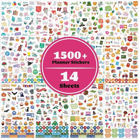 Planner Stickers - 12 Monthly Calendar Stickers for Celebrations, Office Accessories/Planner Stickers for Women, Planner Stickers for Festival Events, Holidays (14 Sheets, 1500+ Stickers Per Pack) in Kuwait