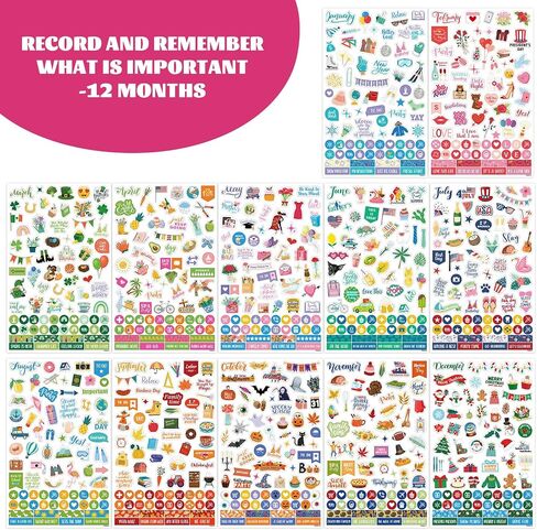 Planner Stickers - 12 Monthly Calendar Stickers for Celebrations, Office Accessories/Planner Stickers for Women, Planner Stickers for Festival Events, Holidays (14 Sheets, 1500+ Stickers Per Pack) in Kuwait