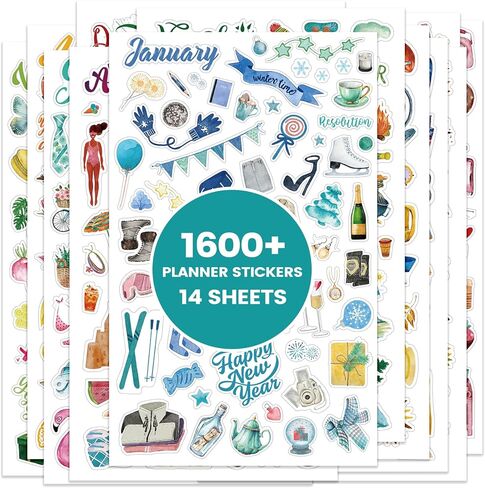 Planner Stickers - 12 Monthly Calendar Stickers for Celebrations, Office Accessories/Planner Stickers for Women, Planner Stickers for Festival Events, Holidays (14 Sheets, 1500+ Stickers Per Pack) in Kuwait