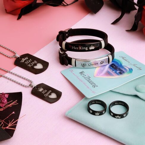 6/Pcs Set Glowing Heart Hand in Hand Stainless Steel Matching Couple Necklaces,Bracelets and Rings, Fashion Love Gift, Romantic Accessories in Saudi Arabia