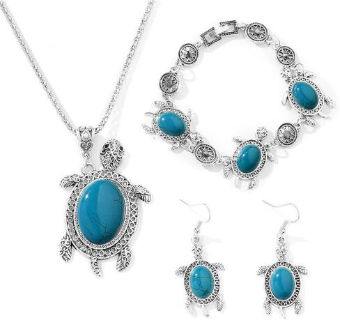 ONLYJUMP Vintage Turtle Necklace Pendant Cute Animal Sea Tortoise Turquoise Earrings Hook Hollow Circle Flower Bracelet for Women Boho Jewelry Set in Saudi Arabia
