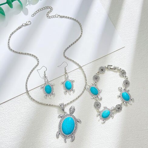 ONLYJUMP Vintage Turtle Necklace Pendant Cute Animal Sea Tortoise Turquoise Earrings Hook Hollow Circle Flower Bracelet for Women Boho Jewelry Set in Saudi Arabia
