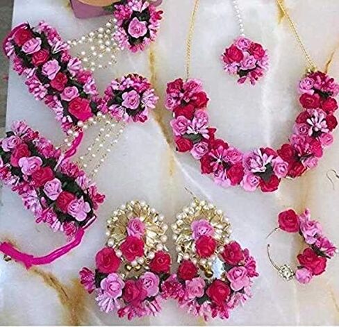Riya Handicraft Women's Fabric Paper Silk Dori Rose Flower Jewelry Set Bridal Wedding in Saudi Arabia
