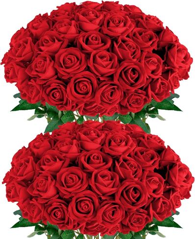 الورود الحمراء الزهور الاصطناعية 50 حزمة بكميات كبيرة ، الورود المزيفة الزهور الورود الواقعية لحفل الزفاف منزل ديكور هدية (الأحمر) in Kuwait