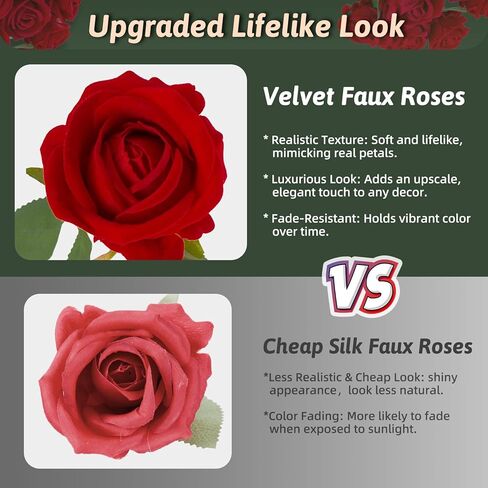 الورود الحمراء الزهور الاصطناعية 50 حزمة بكميات كبيرة ، الورود المزيفة الزهور الورود الواقعية لحفل الزفاف منزل ديكور هدية (الأحمر) in Kuwait