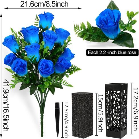 زهور المقبرة الاصطناعية ، زهور نصب تذكاري القبور ، مجموعة من 2 باقة الورود الاصطناعية مع مزهرية لزخارف مقابر المقابر (الأزرق) in Kuwait