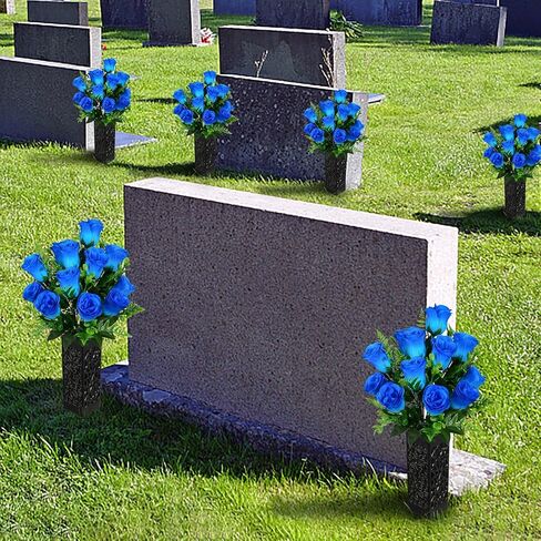 زهور المقبرة الاصطناعية ، زهور نصب تذكاري القبور ، مجموعة من 2 باقة الورود الاصطناعية مع مزهرية لزخارف مقابر المقابر (الأزرق) in Kuwait