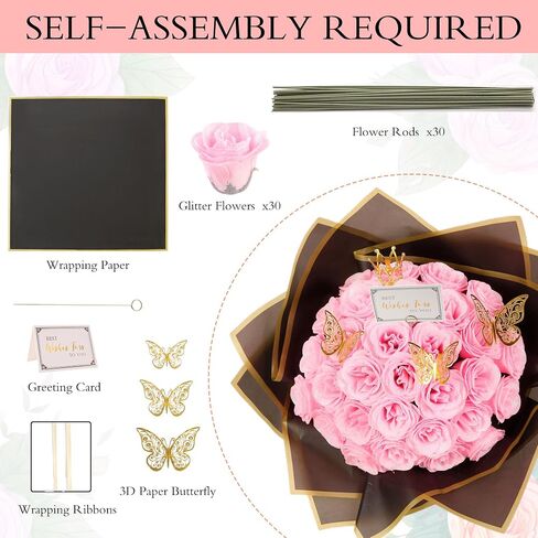 Pink Glitter Roses Bouquet, 30 Pcs DIY Fake Flowers Bouquet, Everlasting Shiny Artificial Rose Bouquet for Valentine's Day, Anniversary, Engagement, Wedding in Saudi Arabia