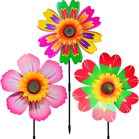 دوارات عباد الشمس للرياح في الهواء الطلق، عجلة دوارة مزخرفة على شكل زهرة ملونة (3 قطع) in Kuwait